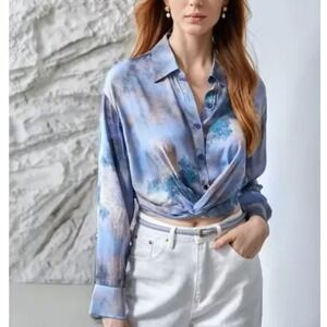 MOTF X Monet Womens Silk Twist Shirt‎ M Blue Purple Printed Office Luxury